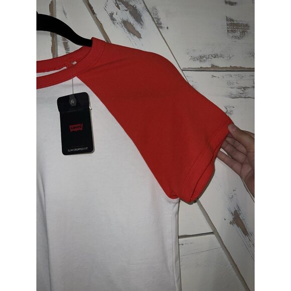 Levi's White Red White Ringer Baseball Baby Tee Size XL Cotton Cropped - Picture 3 of 7